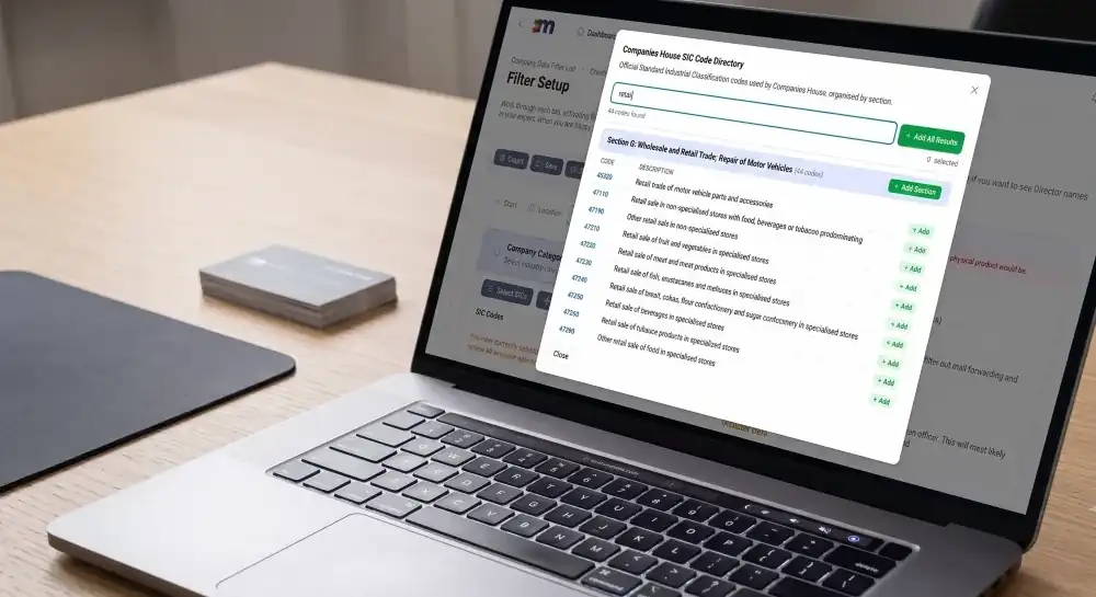 Company data platform showing newly formed companies with SIC filtering